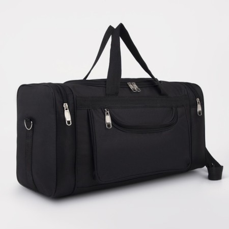 Road bag, 3 parts on zippers, external pocket, long belt, black color