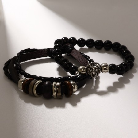 Bracelet Leather "Hurricane" lion, black color in silver, d = 7 cm-1