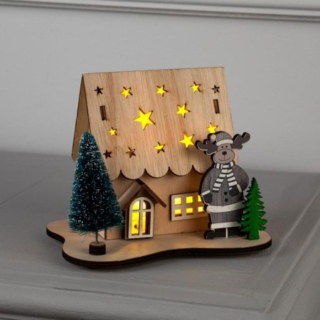 LED figure "House with deer" 11 × 15 × 3 cm, wood, batteries LR41x3, glow warm white