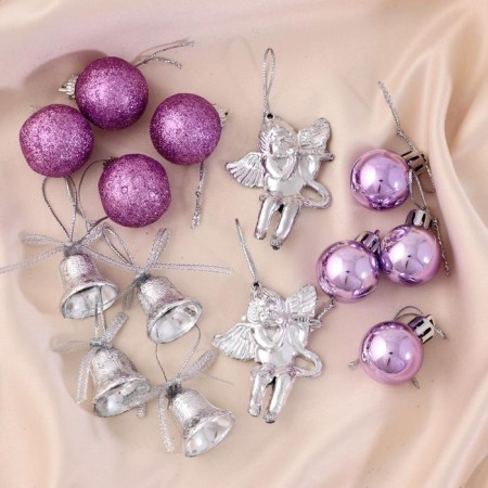 A set of jewelry plastic 14 pcs "Surprise" (4 bells, 8 balls, 2 angels) silver, purple