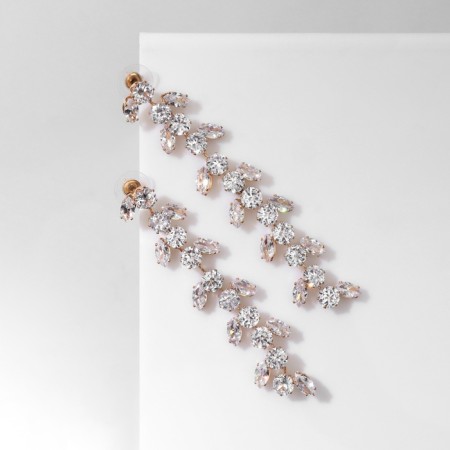 Hanging earrings with rhinestones "Blink" with leaves, white color in gold, 8 cm-3