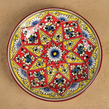 Plate of the Rishtan ceramics "Kalam", 23 cm, red-yellow, Mix patterns-3
