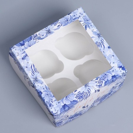 Capcake box, confectionery packaging with a window, 4 cells "Blue Flowers", 16 x 16 x 10 cm-1