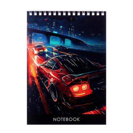 Notepad A5, 40 sheets in the cage on the crest "Speed", cover coated cardboard, matte lamination, selective UV-LK, OFSET BOCom