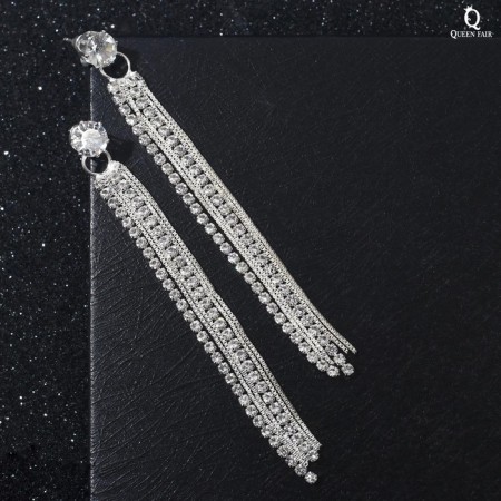 Hanging earrings with rhinestones "evening" thread and scattering, white color in silver, 8.5 cm-1