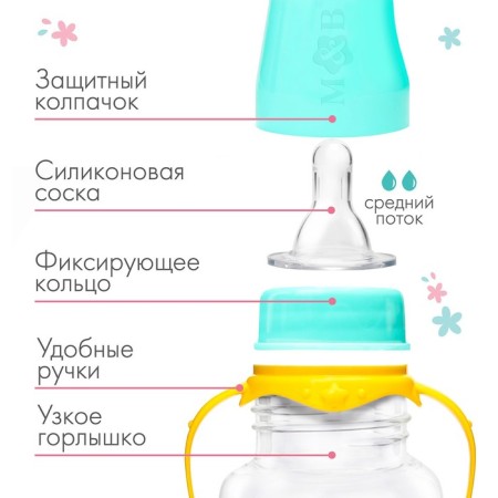 A bottle for feeding "Trend. Lama ”, classic throat, 250 ml., 3 months, cylinder, with handles, turquoise color-1