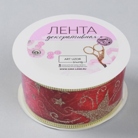 Kapron tape with metal thread “Stars and Binding”, 38 mm × 2.7 ± 0.5 m, red/gold color-2