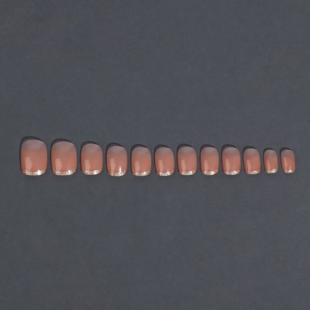Nude overhead nails, 12 pcs, with adhesive plates, with sparkles, shape is a soft square, the color is light - beige-5