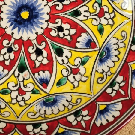 Plate of the Rishtan ceramics "Kalam", 23 cm, red-yellow, Mix patterns-2