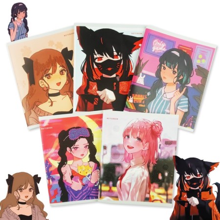 A notebook of 96 sheets in a cage on the rowing "anime", the cover coated cardboard, selective varnish, rounded corners, mix-9