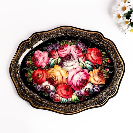 Zhostovsky tray "flowers", black, with author’s painting, 46x36 cm