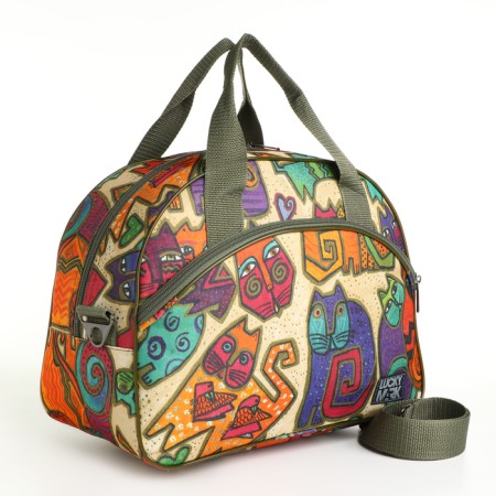 Road bag with lightning, external pocket, suitcase holder, long belt, beige color/multi -colored