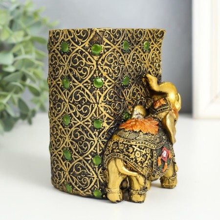 Souvenir Polystone Pencil "Elephant and Elephant in the Popone with Flower" Bronze 8.5x9x11.5 cm-3