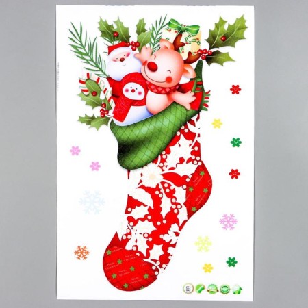 Interior color plastic sticker "Santa Claus with assistants in New Year's tock" 20x30 cm-1
