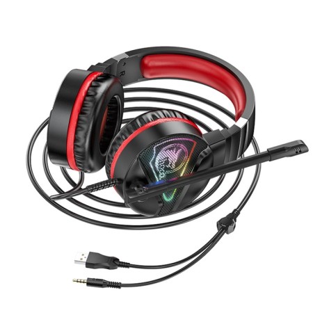 Hoco W104 headphones, gaming, invoices, microphone, USB + 3.5 mm, 2 m, black and red-3