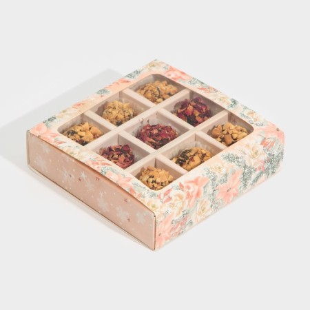 Box for 9 sweets with cells “stylish pink” 14.5 x 14.5 x 3.5 cm, New Year-2