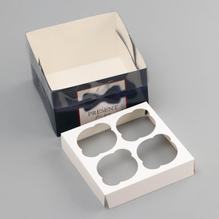 Box for 4 cupcakes with a transparent lid, "Male to Ark", 16 × 16 × 10 cm, confectionery packaging-4