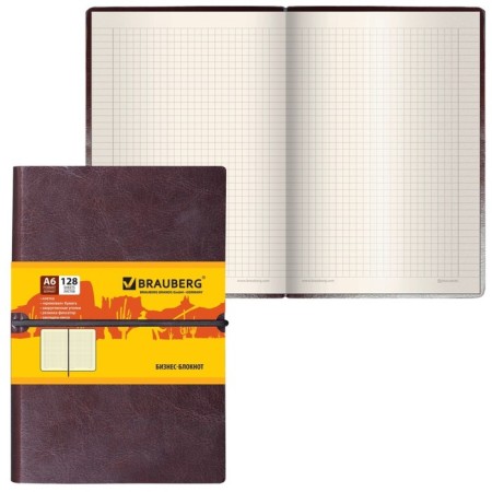A6 BUSINESS BLOCT, 128 sheets, Brauberg Western, artificial leather, smooth, elastic band, brown