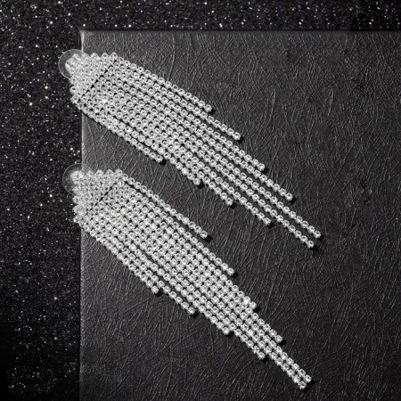 Hanging earrings with rhinestones "Waterfall" Pentagon, white color in silver, 9.7 cm-3