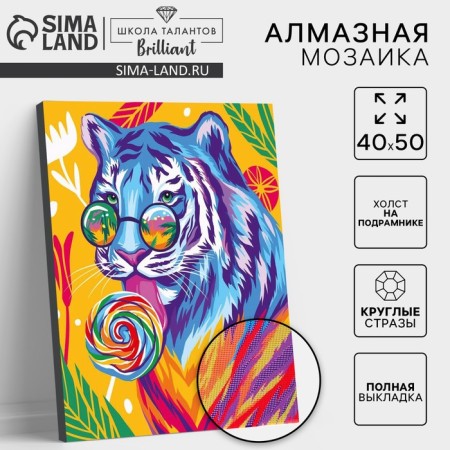Diamond embroidery on a frame with a full filling “Tiger with a candy”, 40 × 50 cm