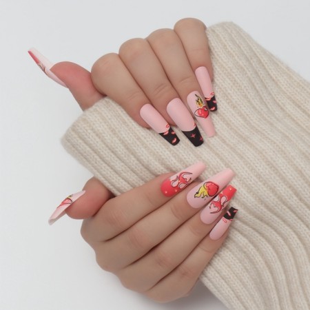 Flame overhead nails, 12 pcs, with glue plates, ballerina shape, beige/red/black color-9