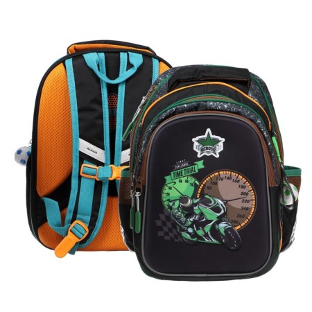 Frame backpack 39 x 29 x 17 cm, Across 410, filling: bag, pencil case, black/green ACR22-410-1