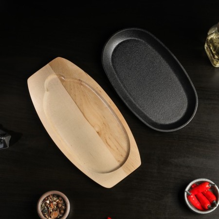 Cast -iron pan on the wooden stand Magma "Oval", 24 × 14 × 2 cm, black color-3