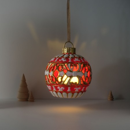 Souvenir Polystone Light "New Year's ball red with white patterns" 16.5x16.5x20 cm-1