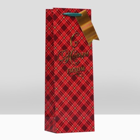 Package for a gift bottle "Happy New Year", red cage, luxury 12 x 36 x 8.5cm-2