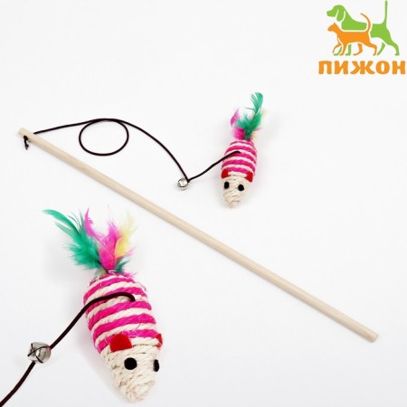 Tearing with mouse (7 cm) on a wooden stick, 40 cm, pink/white