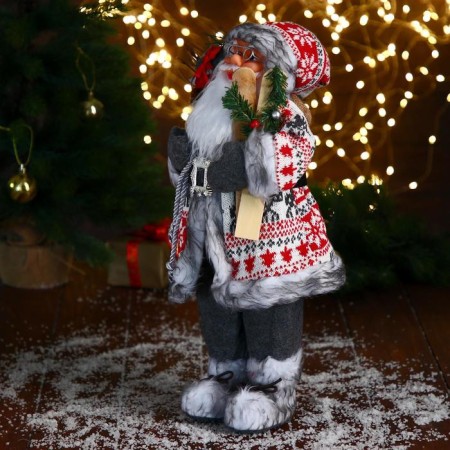 Santa Claus "In a white-red fur coat with a strap, with skis" 45 cm-2