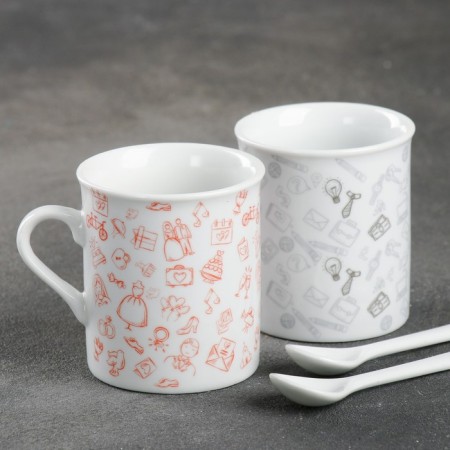 Ceramic "husband and wife" set: a mug of 140 ml 2 pcs., A spoon 2 pcs., White color-1
