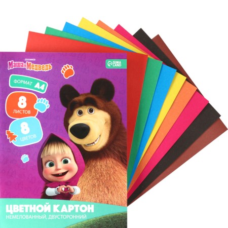 Cardboard Color, A4, 8 sheets, 8 colors, non -unilateral, bilateral, in the folder, 220 g/m², Masha and the bear-4