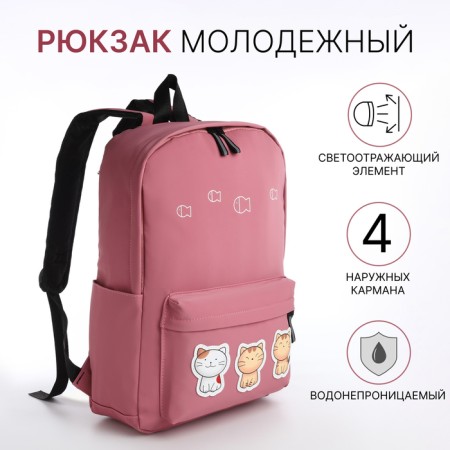 Young backpack from textiles with a zipper, waterproof, 4 pockets, pink color