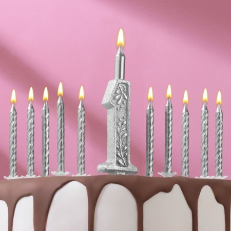Set of candles number "1" + classic, silver, 10 cm