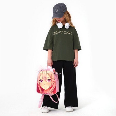 School textile backpack with ears on the hairpins "Anime", 27x23 cm, pink color-14