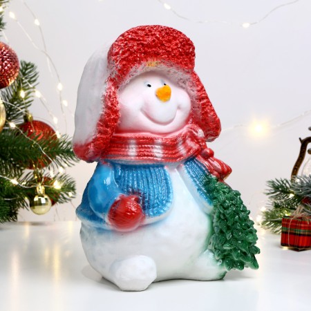 Piggy bank "Snowman with a Christmas tree" in a red hat, 25x17cm