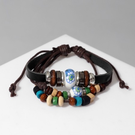 Bracelet Leather "mood" beads on threads, brown color, d = 8 cm-2