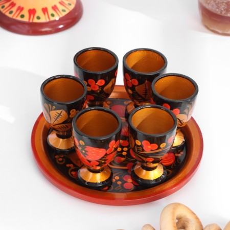 A set of glasses with a tray, 6 pcs - 30 ml, Khokhloma-1
