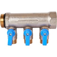 Коллектор STOUT SMB 6211 011203, 1/2", 3 выхода, с шаровыми кранами 1", синие ручки