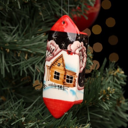 Christmas tree toy "candy winter night red", author’s painting, 10 cm, porcelain