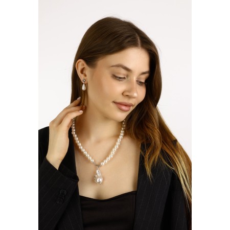 Set 2 objects: earrings, necklace "Pearl" ball No. 8, white color in silver, l = 45 cm-3
