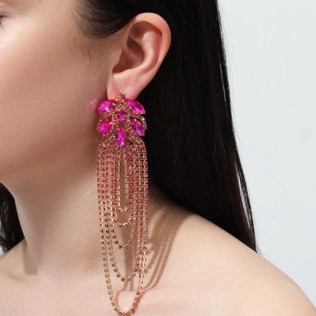Hanging earrings with rhinestones "Magic" drops and waterfall, pink color in gold, 14 cm-3