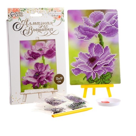 Diamond mosaic with partial filling on the stand “Flowers”, 13 x 19 cm, cardboard-1