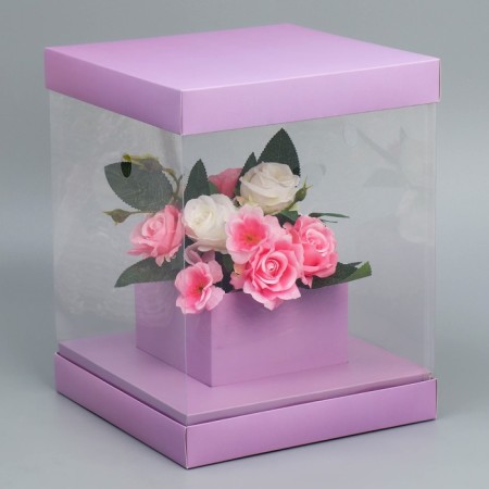 Gift box for flowers with a vase and PVC windows folding, packaging, "lavender", 23 x 30 x 23 cm-1