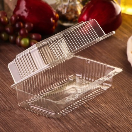 A plastic disposable container with an insoluble lid, 18.4 × 11.2 × 7.9 cm, internal 16.2 × 8.2 × 6.6 cm, is a transparent color