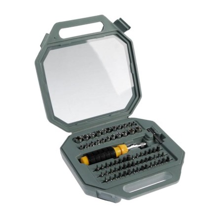 A screwdriver with a set of bit and tundra heads, reversing, in a case, 69 objects