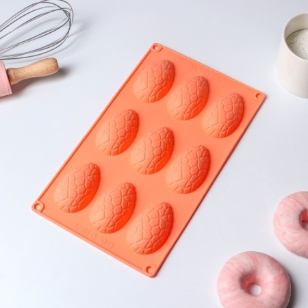 The form for baking the share "Easter. Chocolate egg ”, silicone, 9 cells, 28 × 16 × 2 cm, orange color