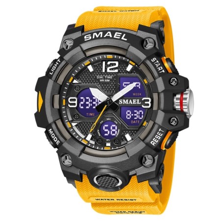 Watch is electronic watch, with an alarm clock, D-5.6 cm, strap L-26 cm, 5 atm, yellow strap