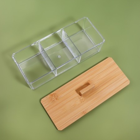 Bamboo organizer for storage, with a lid, 3 sections, 23.3 × 9.4 × 8.9 cm, the color is transparent/brown-9